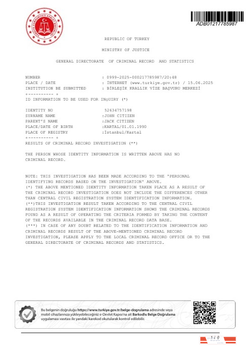 Turkey Ministry of Justice Criminal Record Certificate